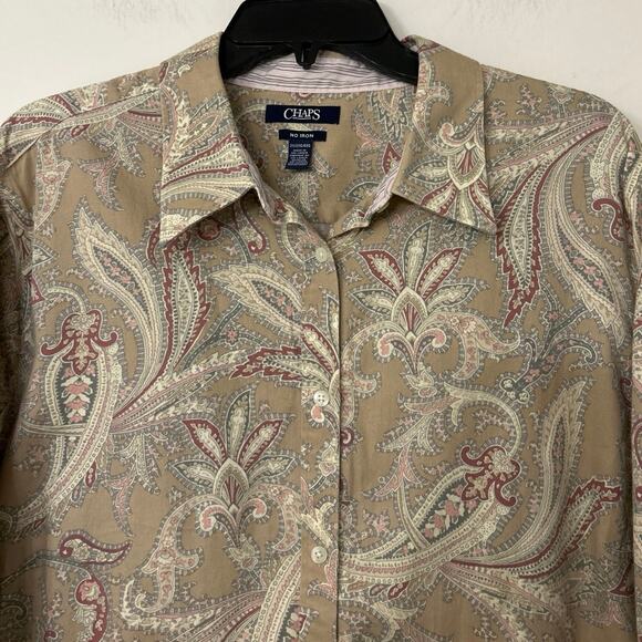 Chaps 100% Cotton Tan Paisley Print Long  Sleeve No Iron Button Down Shirt 2X - Picture 4 of 11